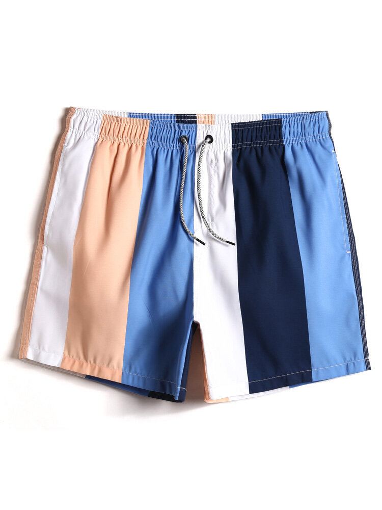 Heren Color Block Stripe Sneldrogende Strandshort Met Trekkoord En Zak