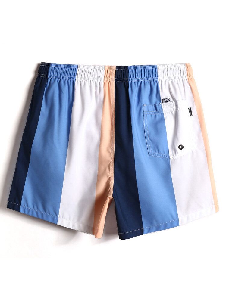 Heren Color Block Stripe Sneldrogende Strandshort Met Trekkoord En Zak