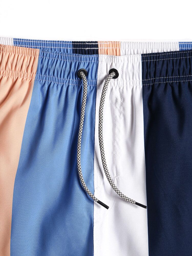 Heren Color Block Stripe Sneldrogende Strandshort Met Trekkoord En Zak