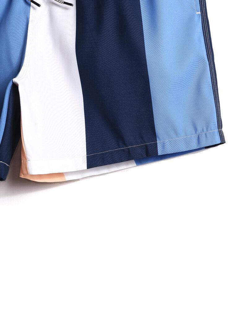 Heren Color Block Stripe Sneldrogende Strandshort Met Trekkoord En Zak
