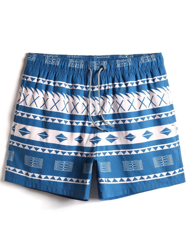 Heren Sneldrogende Vintage Geo Print Taille Strandshorts Met Trekkoord