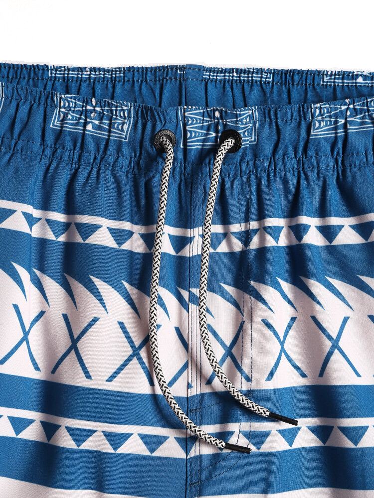 Heren Sneldrogende Vintage Geo Print Taille Strandshorts Met Trekkoord