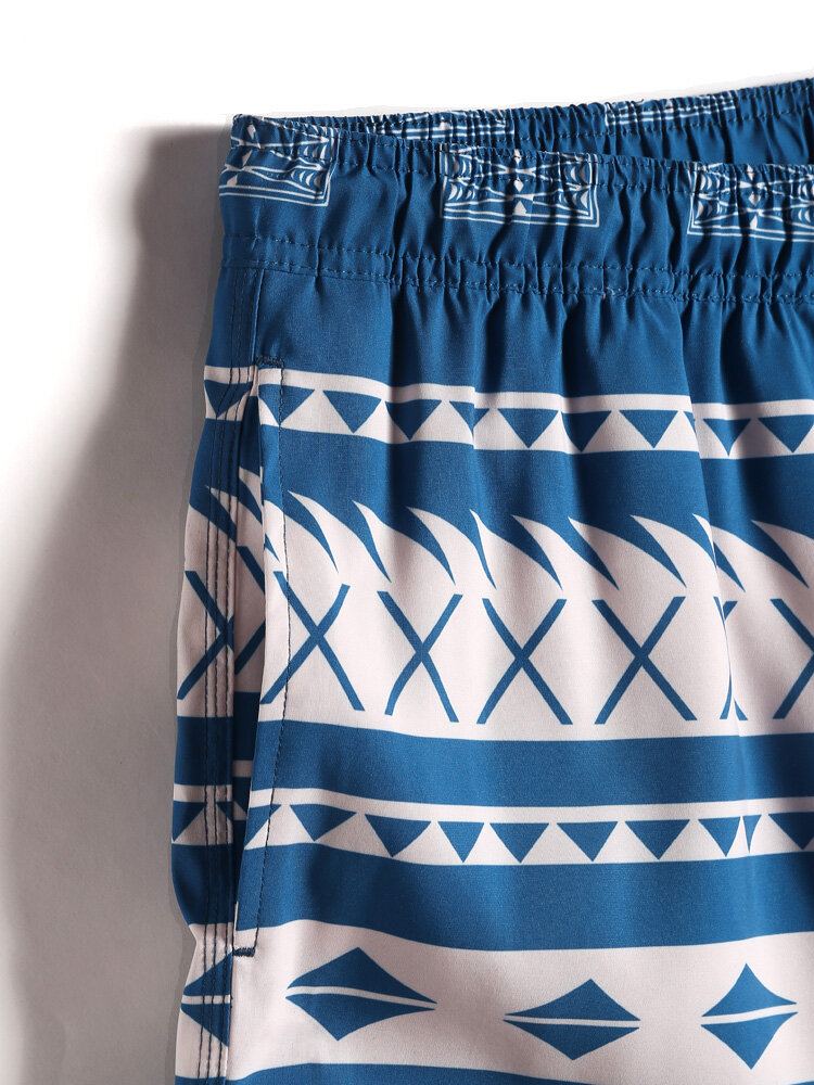 Heren Sneldrogende Vintage Geo Print Taille Strandshorts Met Trekkoord