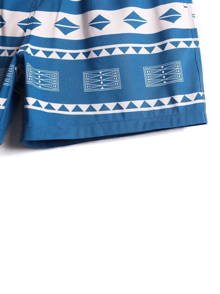 Heren Sneldrogende Vintage Geo Print Taille Strandshorts Met Trekkoord