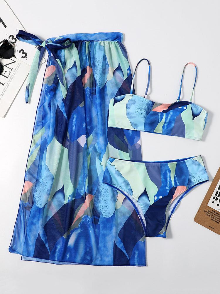 Kleurrijke Abstracte Bedrukte Spaghettibandjes Bikini's Badpak Met Bedekkende Driedelige Sets