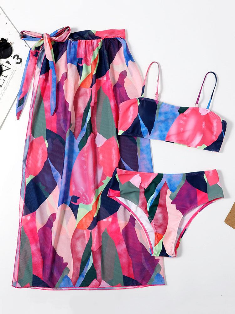 Kleurrijke Abstracte Bedrukte Spaghettibandjes Bikini's Badpak Met Bedekkende Driedelige Sets