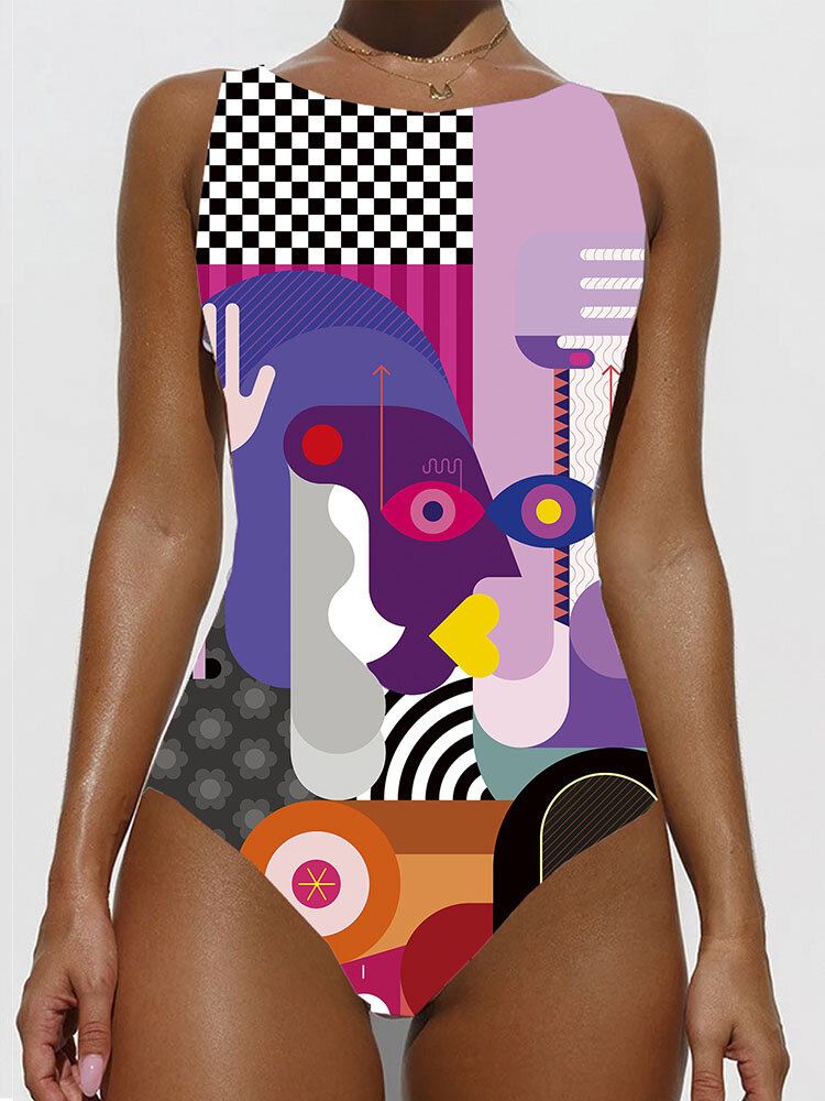 Kleurrijke Abstracte Figuurprint Hoge Hals Afslankende Badmode Uit Één Stuk Stranddames