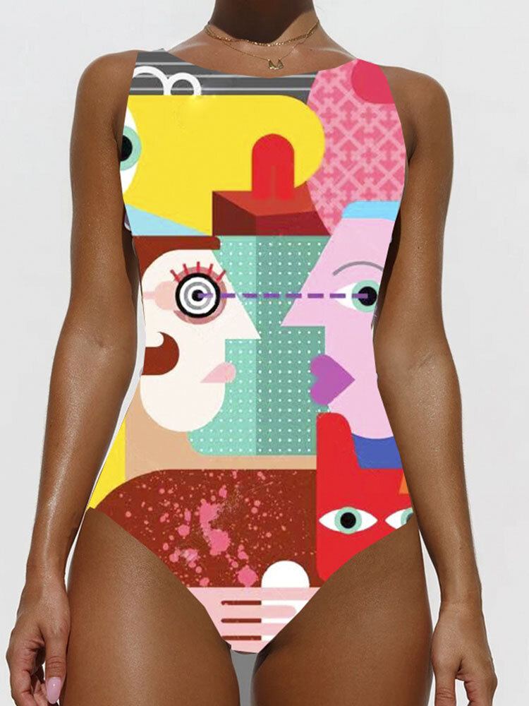 Kleurrijke Abstracte Figuurprint Hoge Hals Afslankende Badmode Uit Één Stuk Stranddames