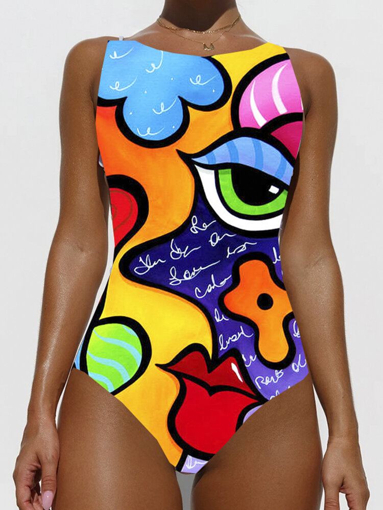 Kleurrijke Abstracte Print Hoge Hals Afslankende Ééndelig Mouwloos Strandbadpak Voor Dames
