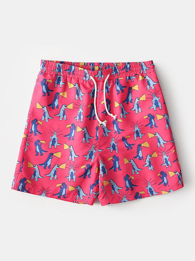 Mannen Vakantie Dinosaurus Grappige Cartoon Afdrukken Sneldrogende Mini Korte Strandshorts