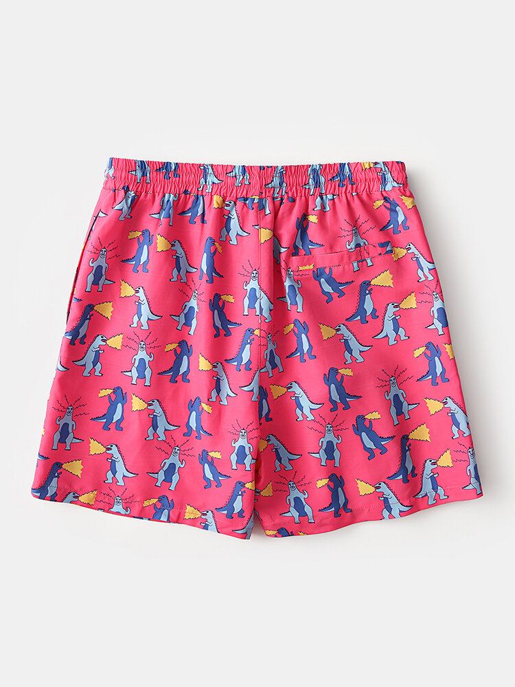Mannen Vakantie Dinosaurus Grappige Cartoon Afdrukken Sneldrogende Mini Korte Strandshorts
