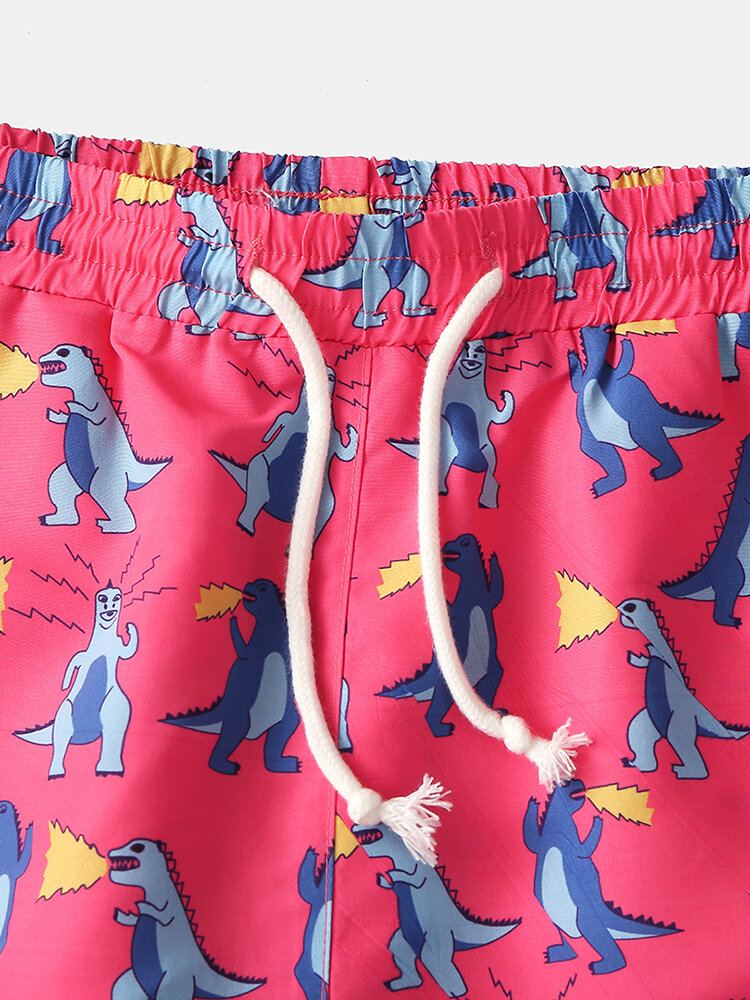 Mannen Vakantie Dinosaurus Grappige Cartoon Afdrukken Sneldrogende Mini Korte Strandshorts