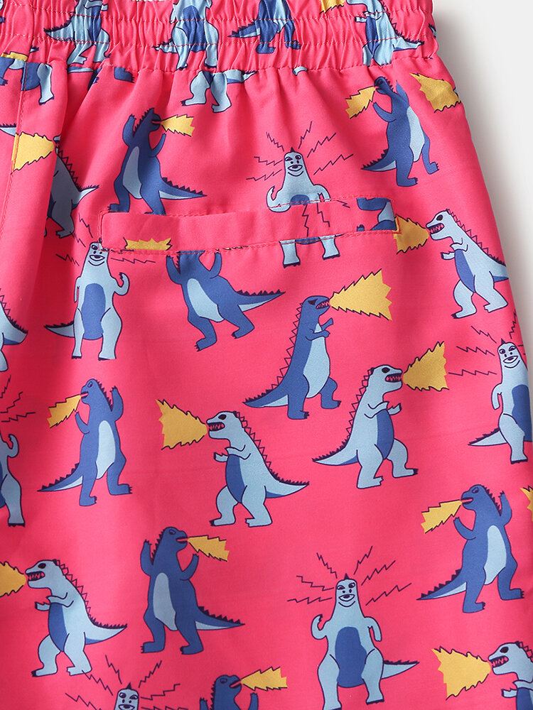 Mannen Vakantie Dinosaurus Grappige Cartoon Afdrukken Sneldrogende Mini Korte Strandshorts