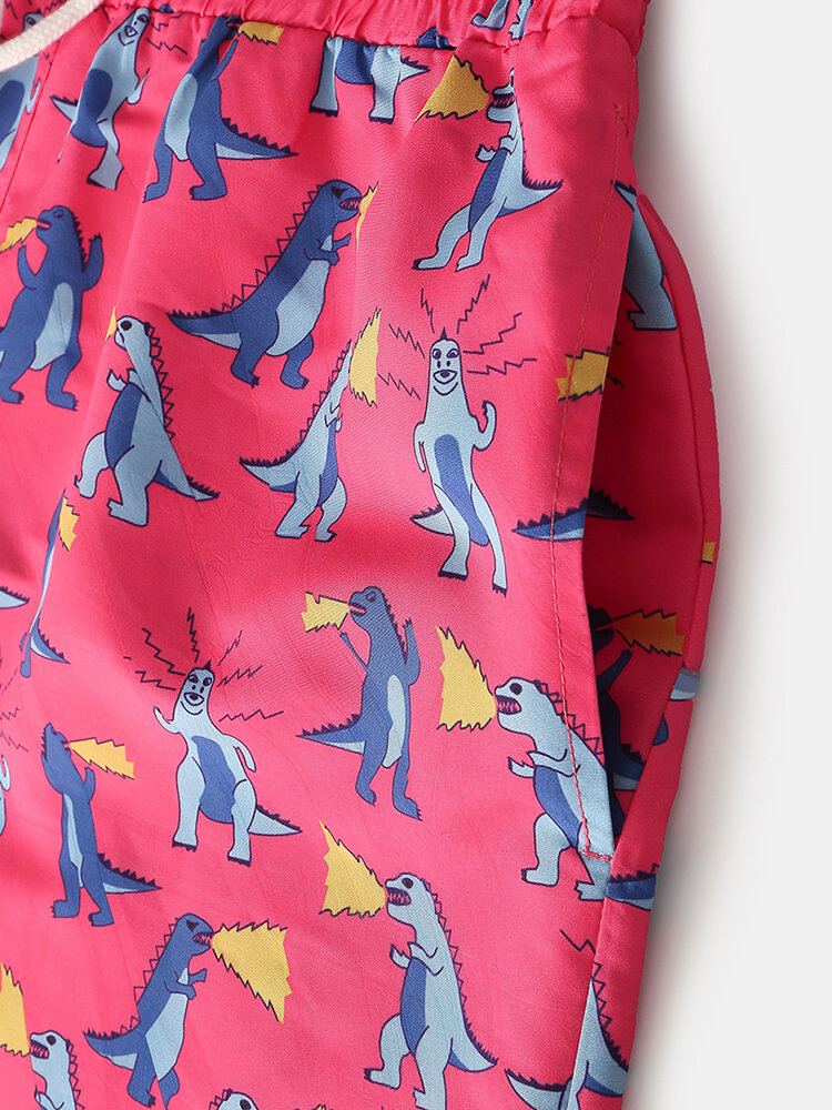 Mannen Vakantie Dinosaurus Grappige Cartoon Afdrukken Sneldrogende Mini Korte Strandshorts