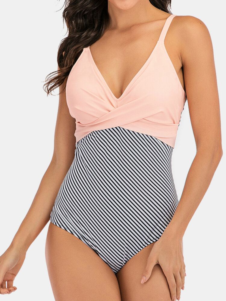 Plus Maat Dames Gestreepte Splice Tweekleurige Skinny Fit Badmode Uit Één Stuk