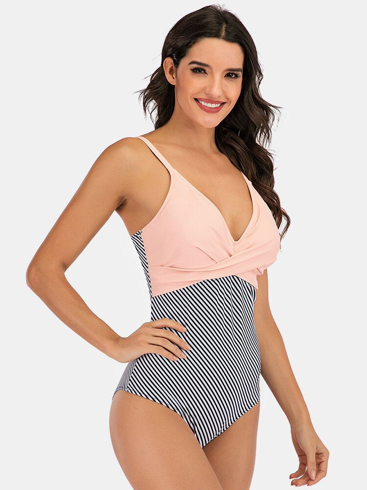 Plus Maat Dames Gestreepte Splice Tweekleurige Skinny Fit Badmode Uit Één Stuk