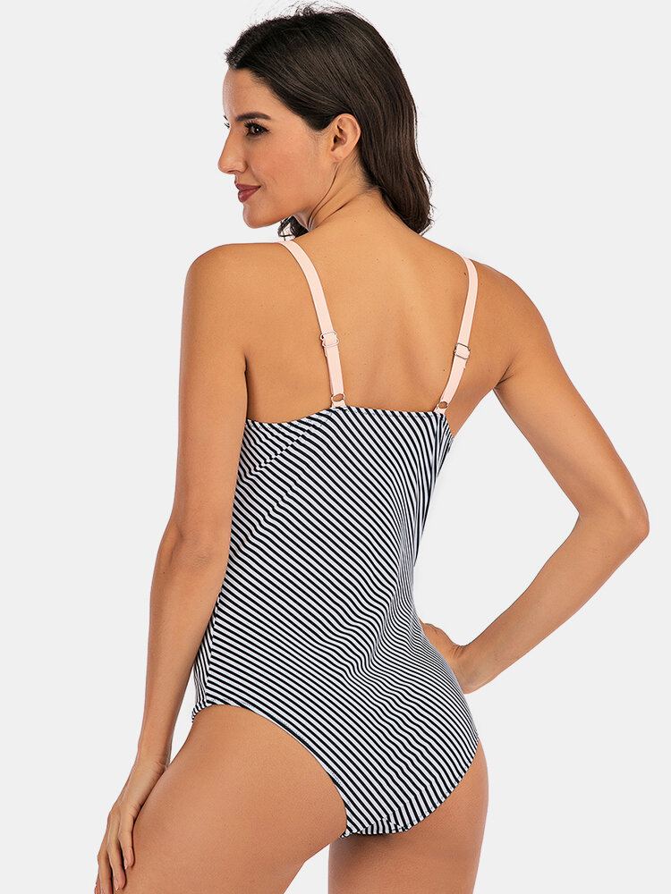 Plus Maat Dames Gestreepte Splice Tweekleurige Skinny Fit Badmode Uit Één Stuk