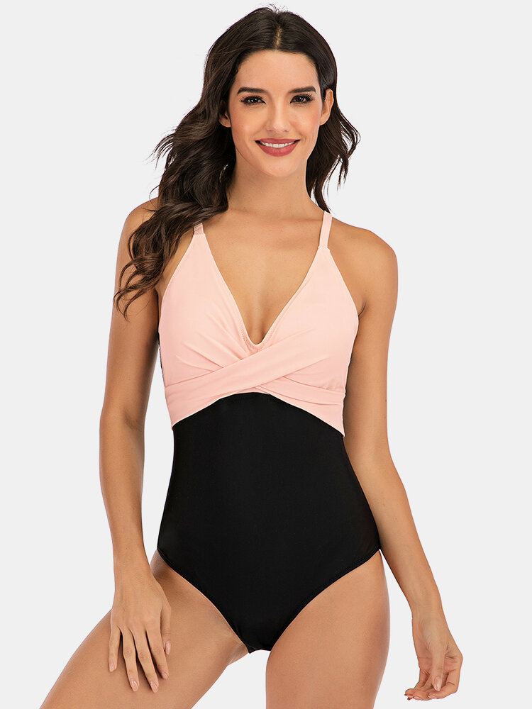 Plus Maat Dames Gestreepte Splice Tweekleurige Skinny Fit Badmode Uit Één Stuk