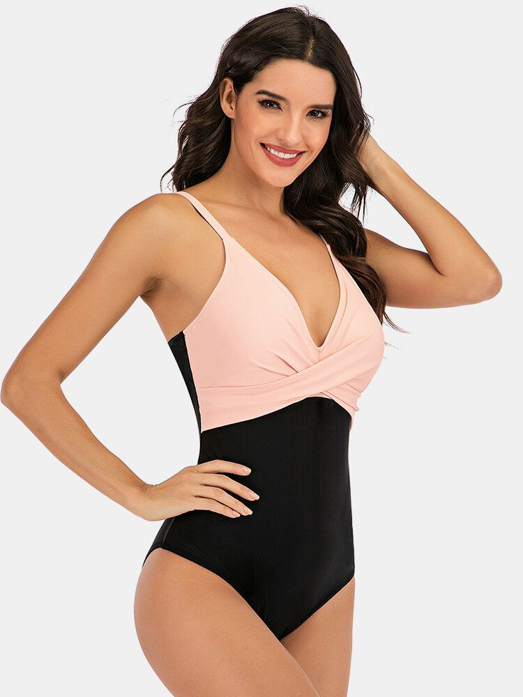 Plus Maat Dames Gestreepte Splice Tweekleurige Skinny Fit Badmode Uit Één Stuk