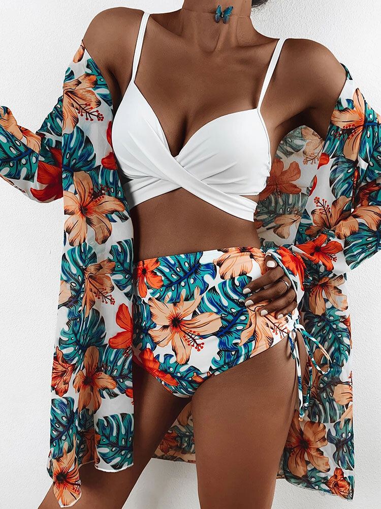 Tropische Planten Print Hoog Getailleerde Bikini's Zwemkleding Driedelige Sets Met Bedekking