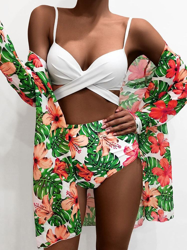 Tropische Planten Print Hoog Getailleerde Bikini's Zwemkleding Driedelige Sets Met Bedekking