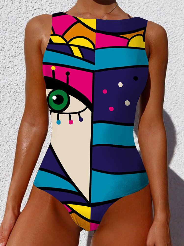 Vrouwen Abstracte Figuur Print Kleurblok Mouwloze Rugloze Badmode Uit Één Stuk