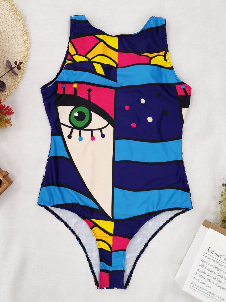 Vrouwen Abstracte Figuur Print Kleurblok Mouwloze Rugloze Badmode Uit Één Stuk