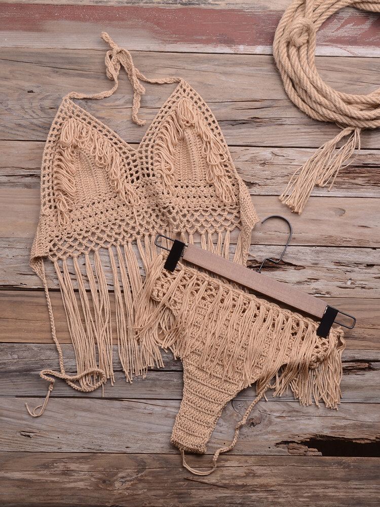 Vrouwen Hollow Out Kwastje Versieringen Backless Weave Halter Vakantie Strand Bikini's