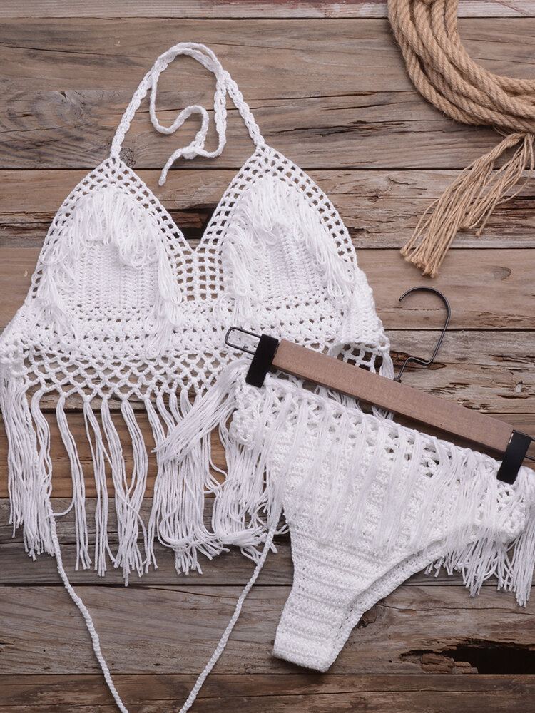 Vrouwen Hollow Out Kwastje Versieringen Backless Weave Halter Vakantie Strand Bikini's