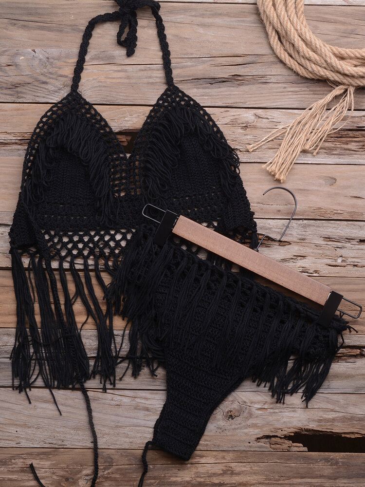 Vrouwen Hollow Out Kwastje Versieringen Backless Weave Halter Vakantie Strand Bikini's