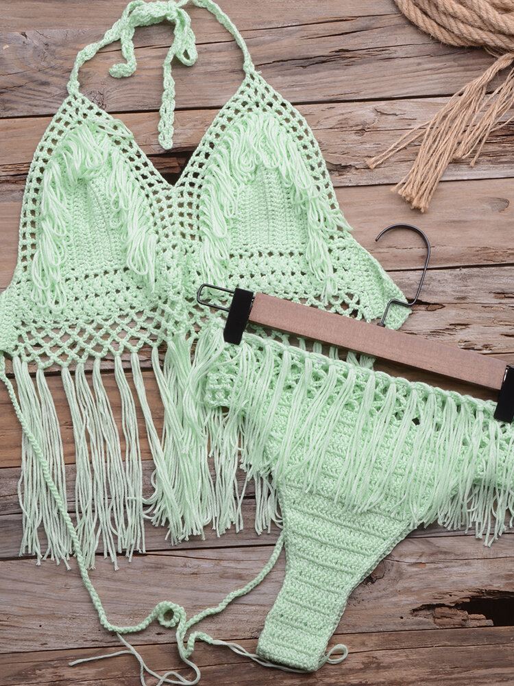 Vrouwen Hollow Out Kwastje Versieringen Backless Weave Halter Vakantie Strand Bikini's