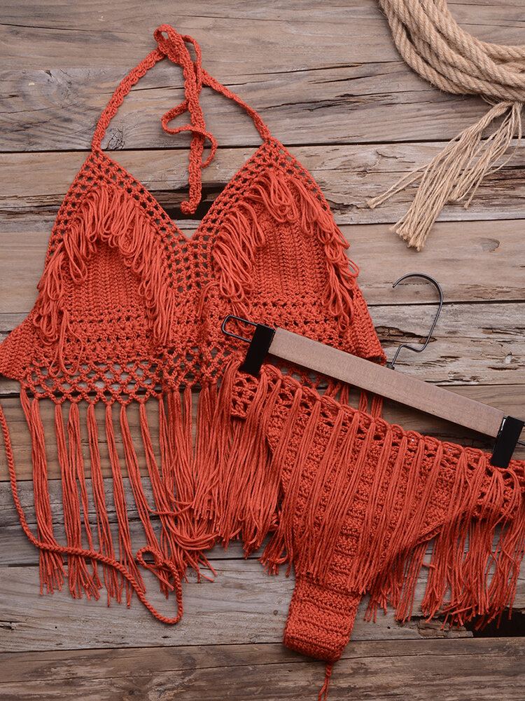Vrouwen Hollow Out Kwastje Versieringen Backless Weave Halter Vakantie Strand Bikini's