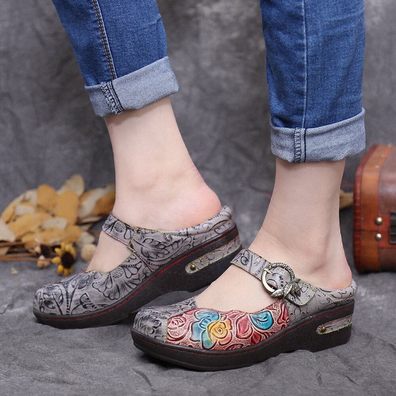 Retro Reliëf Rose Metalen Bladeren Gesp Riem Echte Lederen Schoenen