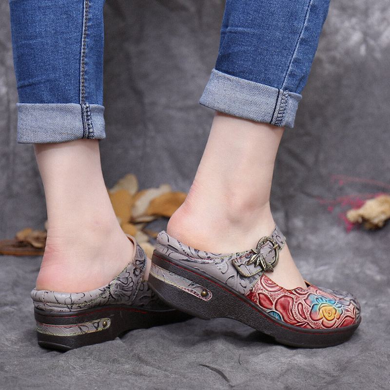 Retro Reliëf Rose Metalen Bladeren Gesp Riem Echte Lederen Schoenen