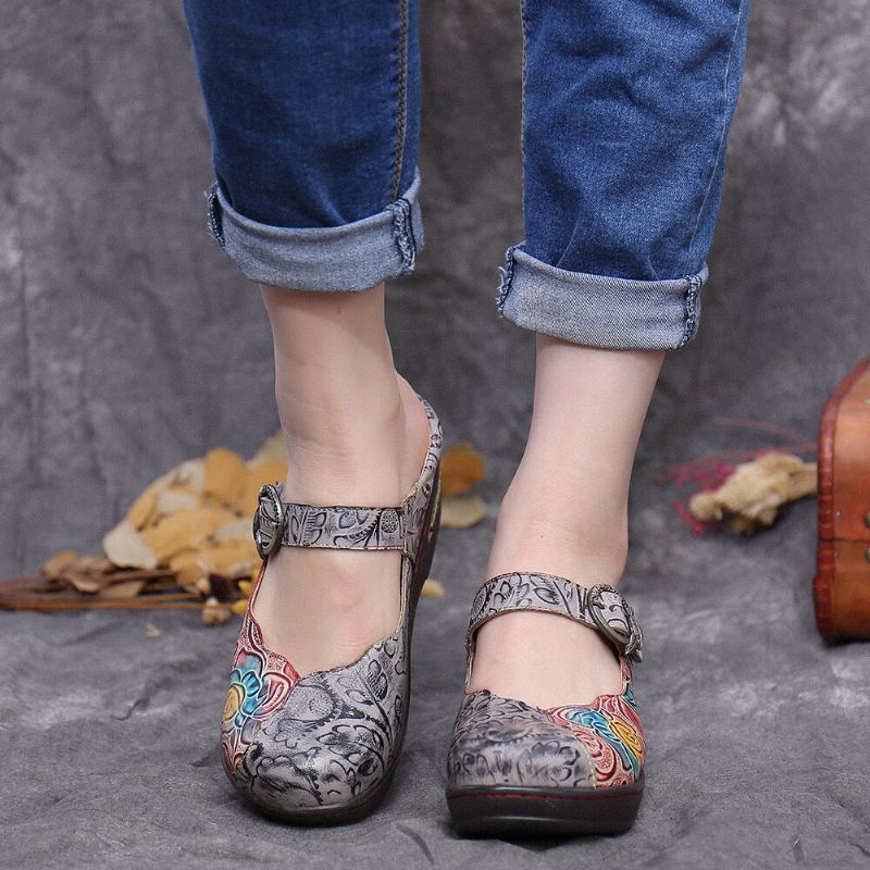 Retro Reliëf Rose Metalen Bladeren Gesp Riem Echte Lederen Schoenen