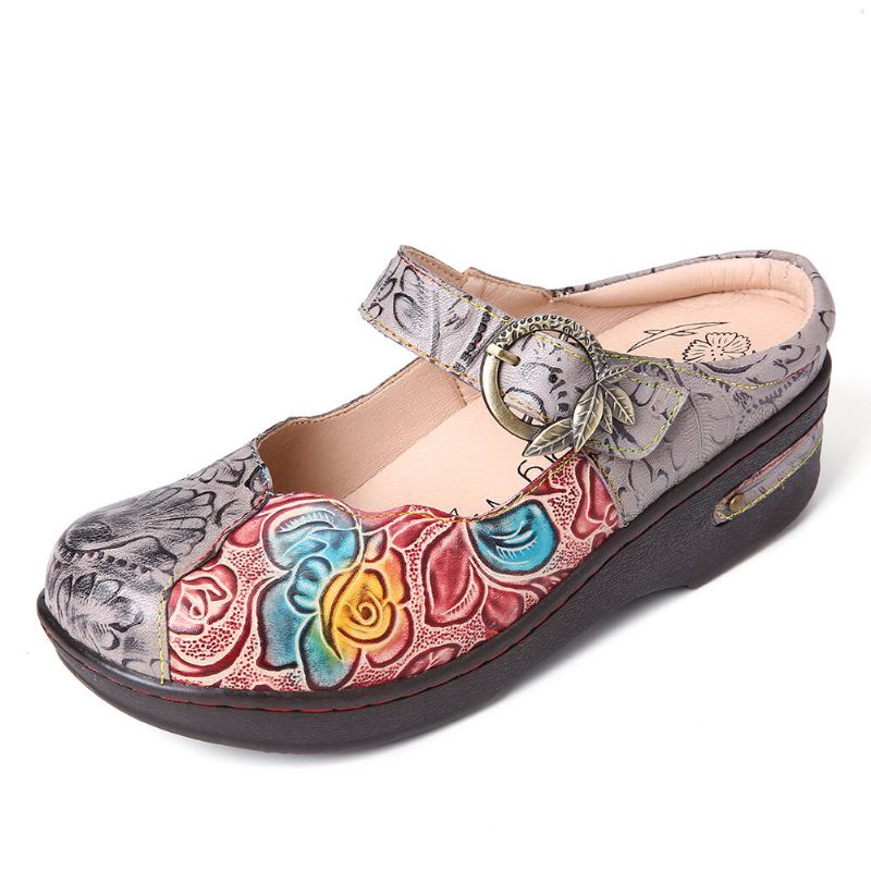 Retro Reliëf Rose Metalen Bladeren Gesp Riem Echte Lederen Schoenen