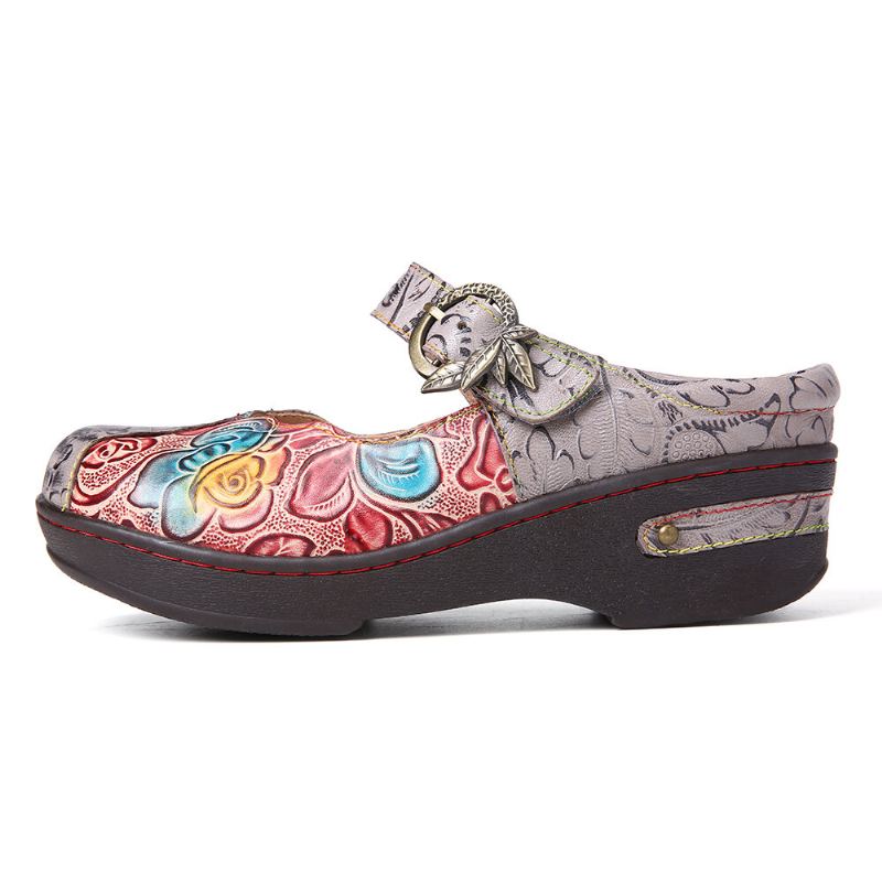 Retro Reliëf Rose Metalen Bladeren Gesp Riem Echte Lederen Schoenen