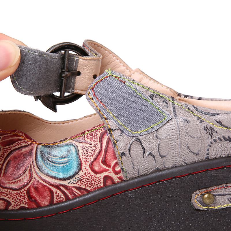 Retro Reliëf Rose Metalen Bladeren Gesp Riem Echte Lederen Schoenen