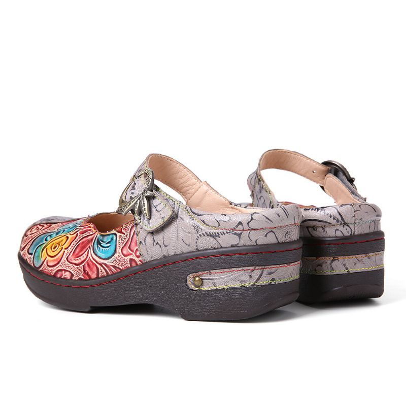 Retro Reliëf Rose Metalen Bladeren Gesp Riem Echte Lederen Schoenen