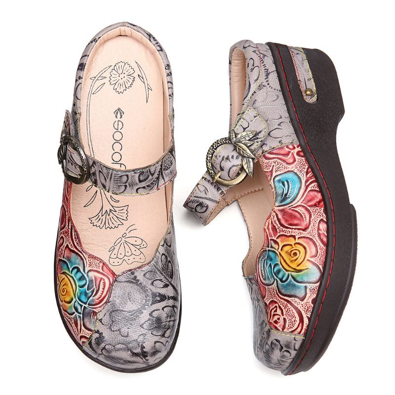 Retro Reliëf Rose Metalen Bladeren Gesp Riem Echte Lederen Schoenen