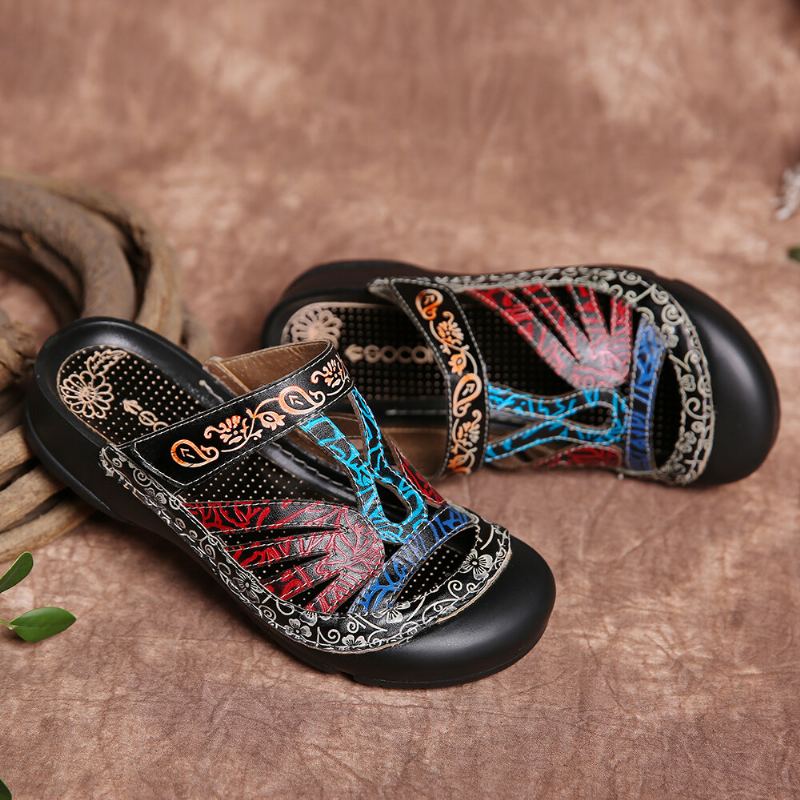 Vintage Lederen Bloemenuitsparing Verstelbare Riem Slip-on Muilezels Klompen Platte Dia's Sandalen