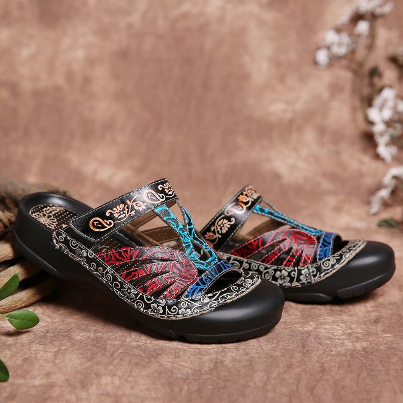 Vintage Lederen Bloemenuitsparing Verstelbare Riem Slip-on Muilezels Klompen Platte Dia's Sandalen