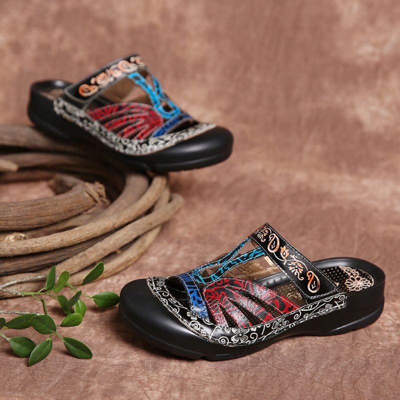 Vintage Lederen Bloemenuitsparing Verstelbare Riem Slip-on Muilezels Klompen Platte Dia's Sandalen