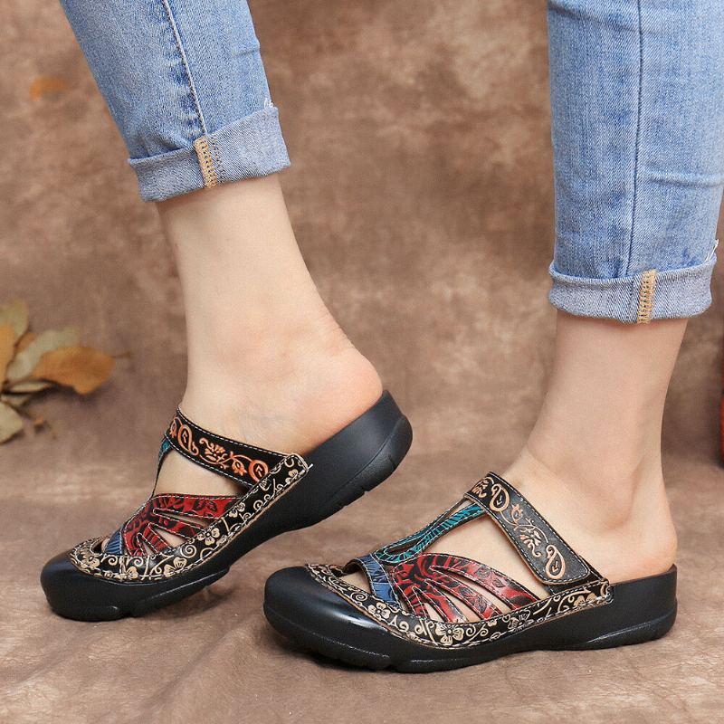 Vintage Lederen Bloemenuitsparing Verstelbare Riem Slip-on Muilezels Klompen Platte Dia's Sandalen