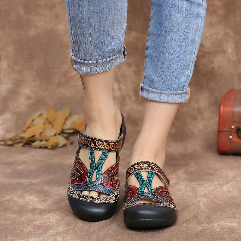 Vintage Lederen Bloemenuitsparing Verstelbare Riem Slip-on Muilezels Klompen Platte Dia's Sandalen