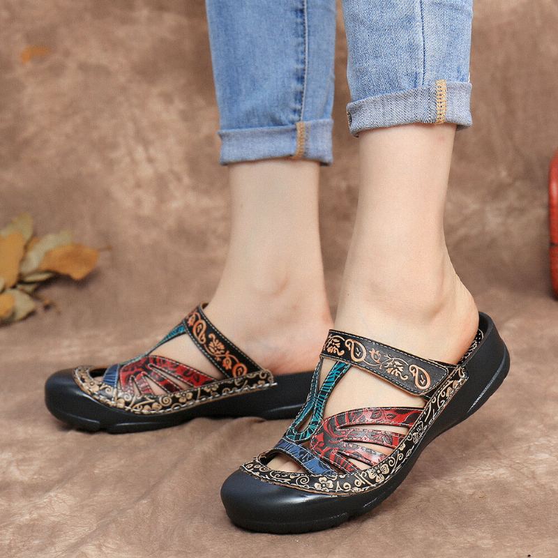 Vintage Lederen Bloemenuitsparing Verstelbare Riem Slip-on Muilezels Klompen Platte Dia's Sandalen