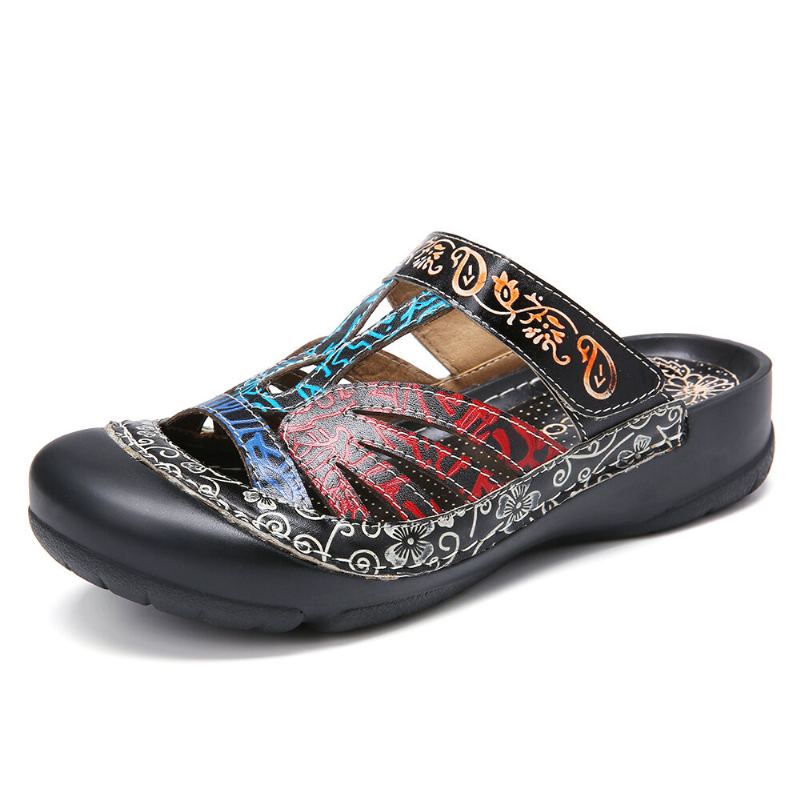 Vintage Lederen Bloemenuitsparing Verstelbare Riem Slip-on Muilezels Klompen Platte Dia's Sandalen
