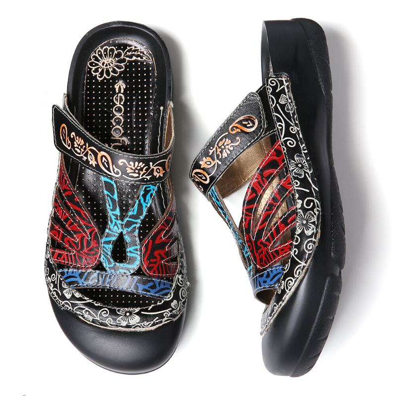 Vintage Lederen Bloemenuitsparing Verstelbare Riem Slip-on Muilezels Klompen Platte Dia's Sandalen