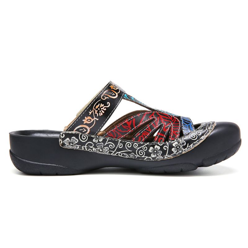 Vintage Lederen Bloemenuitsparing Verstelbare Riem Slip-on Muilezels Klompen Platte Dia's Sandalen