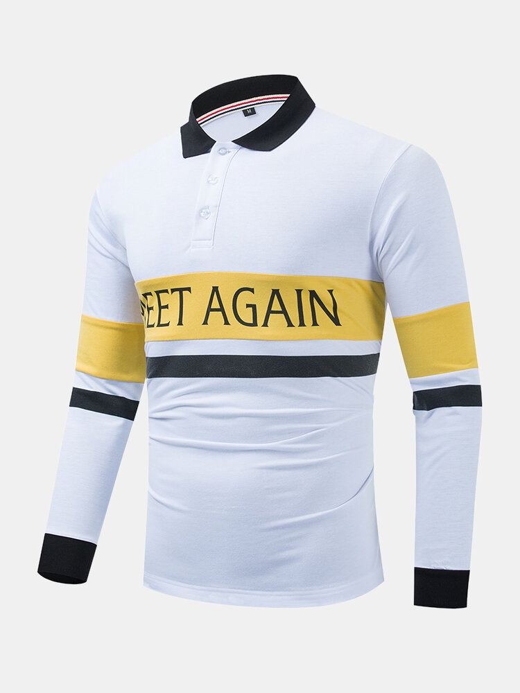 Heren Contrast Patchwork Letter Print 100% Katoen Casual Golf Shirts Met Lange Mouwen